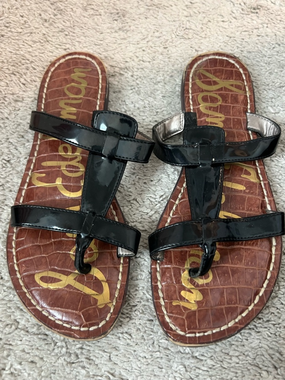 Sam Edelman Black Patent T-Strap Croc-Embossed Slide Sandals